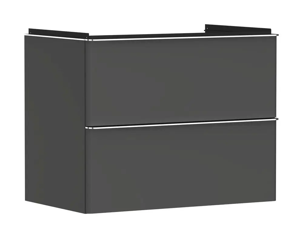 Hochschrank von Hansgrohe in diamantgrau matt mit zwei Schubkästen, geeignet für einen Waschtisch, ohne sichtbare Maße oder spezifische Modellbezeichnung.